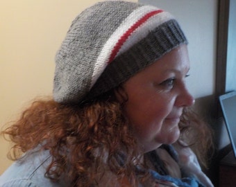 grey red and white slouchy hat, knit slouchy, sock monkey slouchy, slouchy hat, grey slouchy for long or short hair,