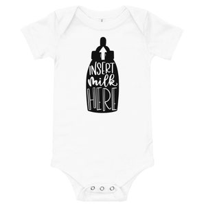 insert milk here bottle onesie, calligraphy, newborn onesie, body suit, cute, baby onesie, adorable, gerber onesie, baby bottle