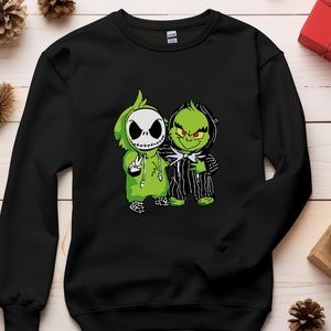 Suéter de la amistad de Grinch y Jack Skellington para Halloween, Navidad, vacaciones, camisa para adultos y niños, familia, festivo, acogedor, Grinchmas, Navidad.
