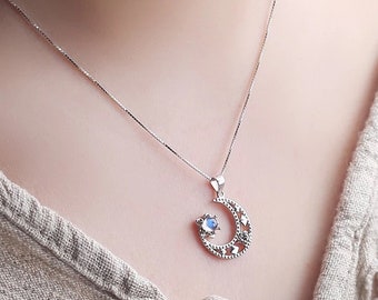 Moonstone Necklace, Moon and Stars Necklace, Sterling Silver Necklace, June Birthstone, Gifts For Her, Gemstone, 925 Silver Necklace