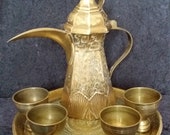 gorgeous vintage octagonal richly engraved brass Dallah Arabic coffee pot .amazing engraved tray with deers and a set of 4 cups. coffee set