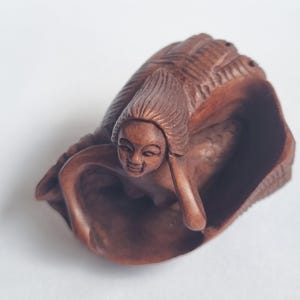 Vintage finely detailed hand-carved boxwood netsuke  Japanese depicting Mermaid in a seashell