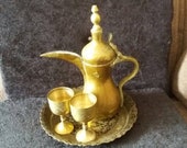 Vintage Middle Eastern DALLAH coffee pot.brass with a beautiful decorated brass enamelled plate and 2 cups. Turkish .Islamic coffee pot set