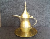Vintage Middle Eastern designDALLAH coffee pot.etched coloured brass with beautifully decorated brass plate.India.Islamic coffee pot set