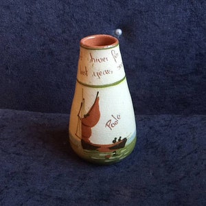 lovely naive vintage Motto ware hand thrown vase Dont shiver for last years snow.with a joyous sailing boat design.little piece of joy.Poole