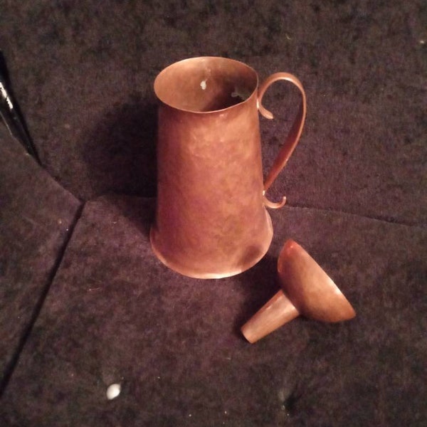 Delicious vintage hand beaten craftmade copper tankard and copper funnel duo.heavy gauge arts and crafts copper tankard and funnel