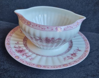 Beautiful vintage A Lanternier and co gravy sauce boat.white and pink floral vintage serving dish perfect for fine dining