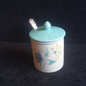 lovely vintage Poole Pottery honey pot.jam pot.preserve pot.deco stylised foliage retro poole pottery and a 1937 coronation spoon
