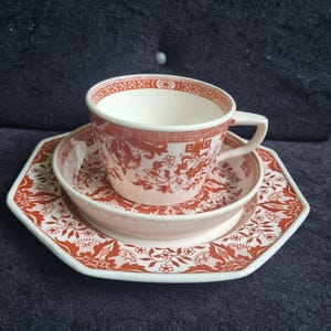 Puede incluir: Un juego de té vintage con un patrón floral rojo sobre fondo blanco. El juego incluye una taza, un platillo y un plato pequeño. La taza tiene un asa y un borde decorativo. El plato y el platillo tienen forma octogonal.
