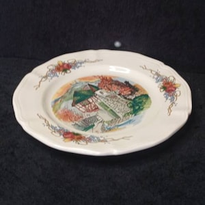 Nice vintage Sarreguemines Obernai Salad or Side Plates French, H. Loux, Henri Loux, cottage in front of ruins