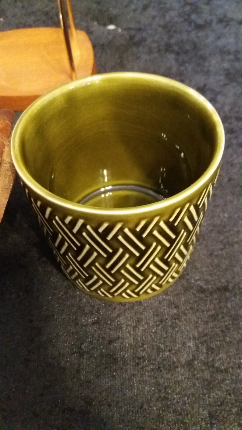 lovely sage green embossed honey.preserve or marmalade pot vintage Lord Nelson pottery and Wyncraft hopefully in its original wooden stand