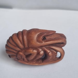 May include: A small, hand-carved wooden netsuke in the shape of a curled shrimp. The sculpture features a smooth, polished brown finish with detailed segments along the body and a single, small, dark, inlaid bead representing the eye.