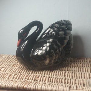 Lovely retro 1960s lustre ware Black and silver swan flower frog vase.kitsch ceramic centre piece .magestic black swan flower vase
