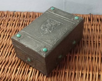Delightful Antique 1910s Arts and Crafts repousse pewter box with 10 Ruskin cabuchons and shield decoration.cigarette box ,(sivyers)