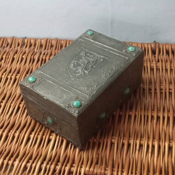 Delightful Antique 1910s Arts and Crafts repousse pewter box with 10 Ruskin cabuchons and shield decoration.cigarette box ,(sivyers)