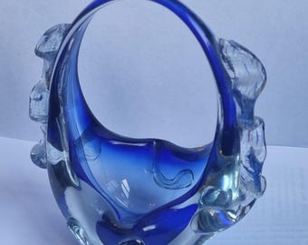 vintage Romanian art glass basket is beautiful piece with a unique swirl pattern and cobalt blue colour