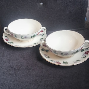 Two Vintage Cauldon England Doubled Handled Soup Cups and Saucers, Glendale design China Bowls, English Cottage Cream Soup or Bouillon