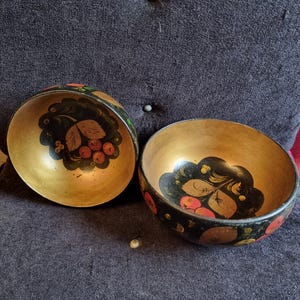 Lovely  pair of Vintage Khokhloma Russian 1970s gold floral and Berries black and red lacquered bowls  USSR