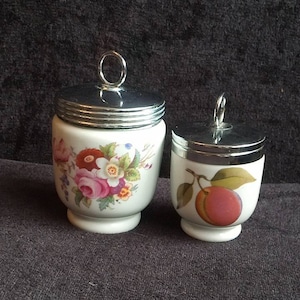 Two Lovely Vintage Royal Worcester porcelain coddlers. One extra large double floral bouquet and one single Autumn fruits