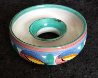 lovely studio pottery vibrant Dragons eye design. Tintagel Pottery posy ring vase. designed and made by Joan Wadd. vivid jewel coloured vase