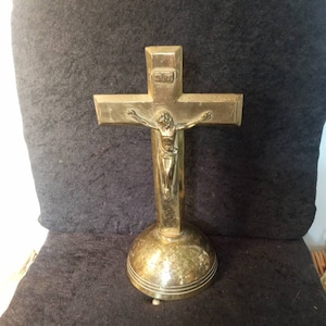 Large 1920s Antique stunning Brass Standing Crucifix Cross Church Altar Jesus Christ from a deconsecrated chapel in East Sussex