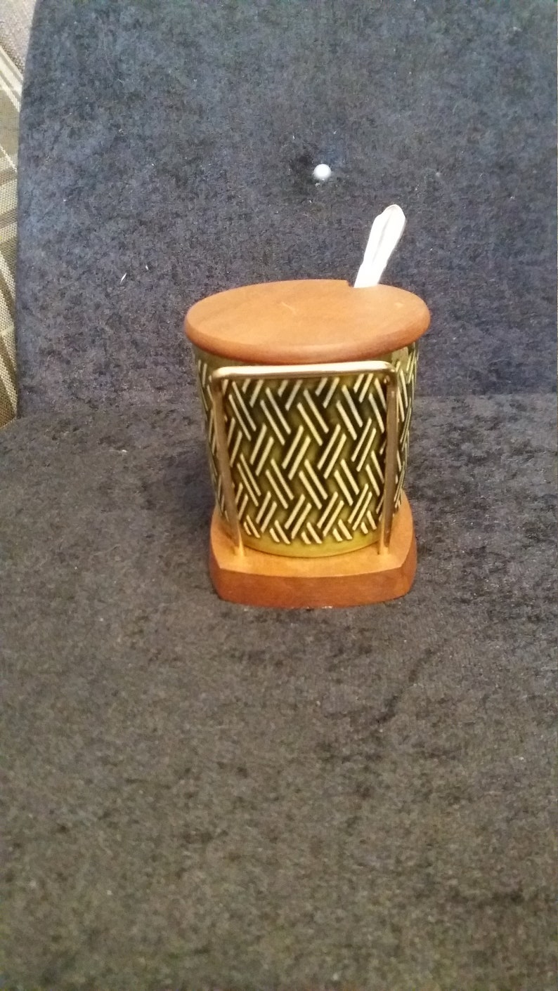 lovely sage green embossed honey.preserve or marmalade pot vintage Lord Nelson pottery and Wyncraft hopefully in its original wooden stand
