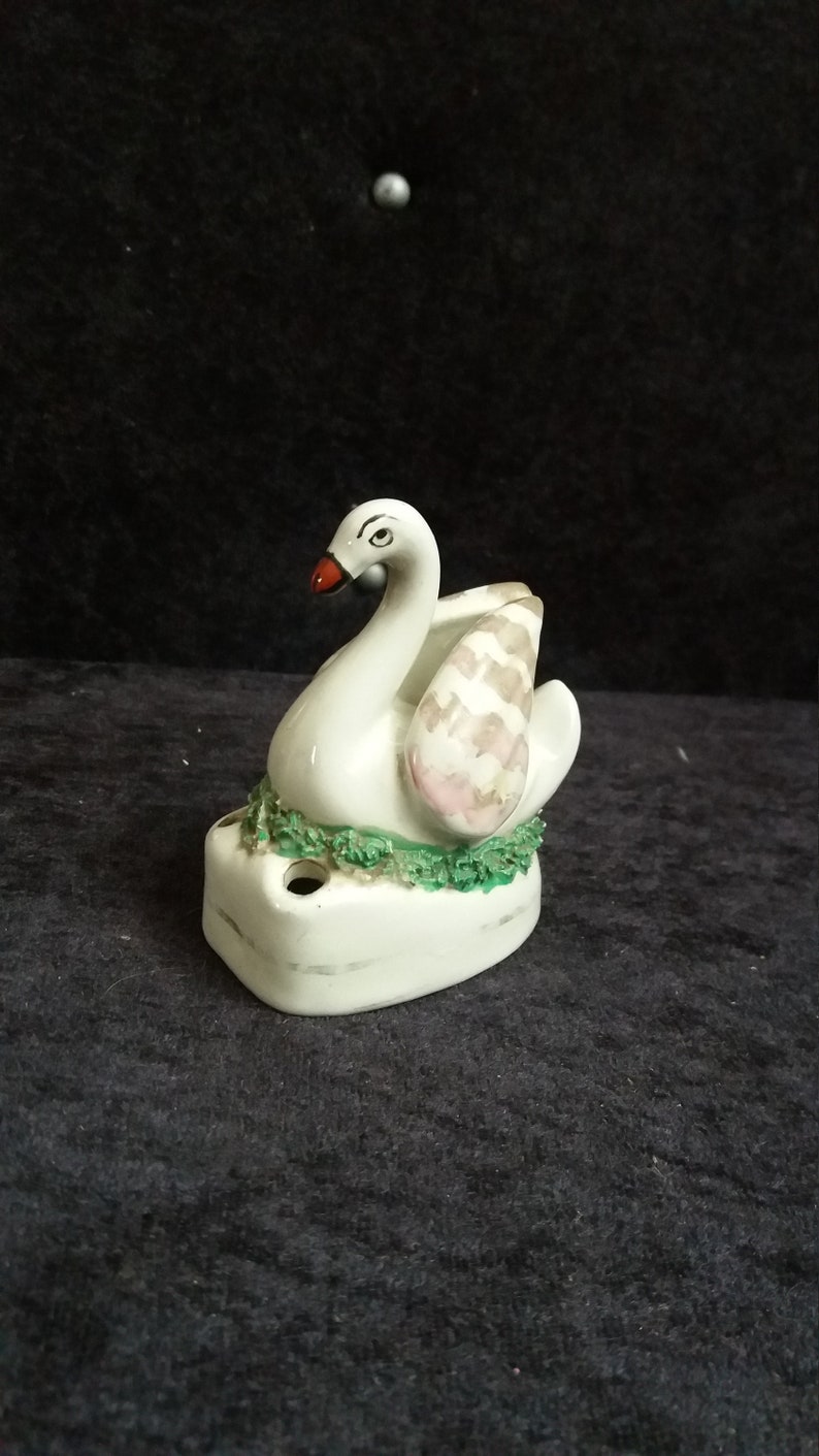 Victorian Staffordshire flatback swan inkwell. quill holder. pen stand. nesting swan with two home a to hold your inkpens quills.paperweight