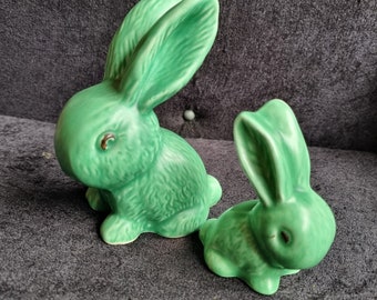 Stunning pair of vintage Sylvac Snub nosed bunnies . Mint green stylized bunny. sylvac 990