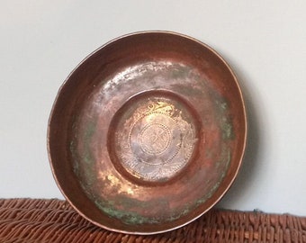 Heavy copper Antique 19th century middle eastern Islamic bowl with hand chased design and beautiful original patina