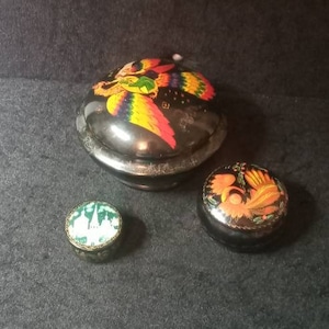 1950&#39;s collection of three Russian lacquered  Fairytale firebird pots two papier mache and one Enamelled Metal Trinket Box