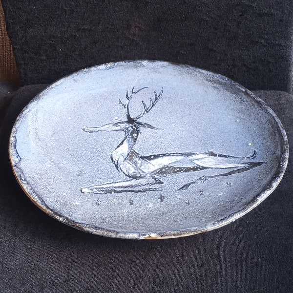 Stunning mid century studio pottery charger with unususl Stag design possibly by Bryan and Julia Newman Aller but unmarked