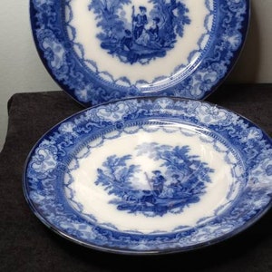 素敵な Doulton Watteau ディナー プレート 10.25 インチ アンティーク ブルー ホワイト トランスファーウェア 中国製 1890 年代 バースレム イングランド