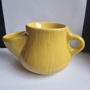 Vintage pottery mustard yellow shaving mug with  lovely retro 1950s porcelain shaving scuttle mug with new brush