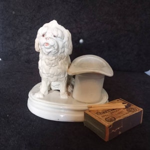 Delightful Dresden stoneware Match Holder  Dog with Top Hat and book early 1900&#39;s