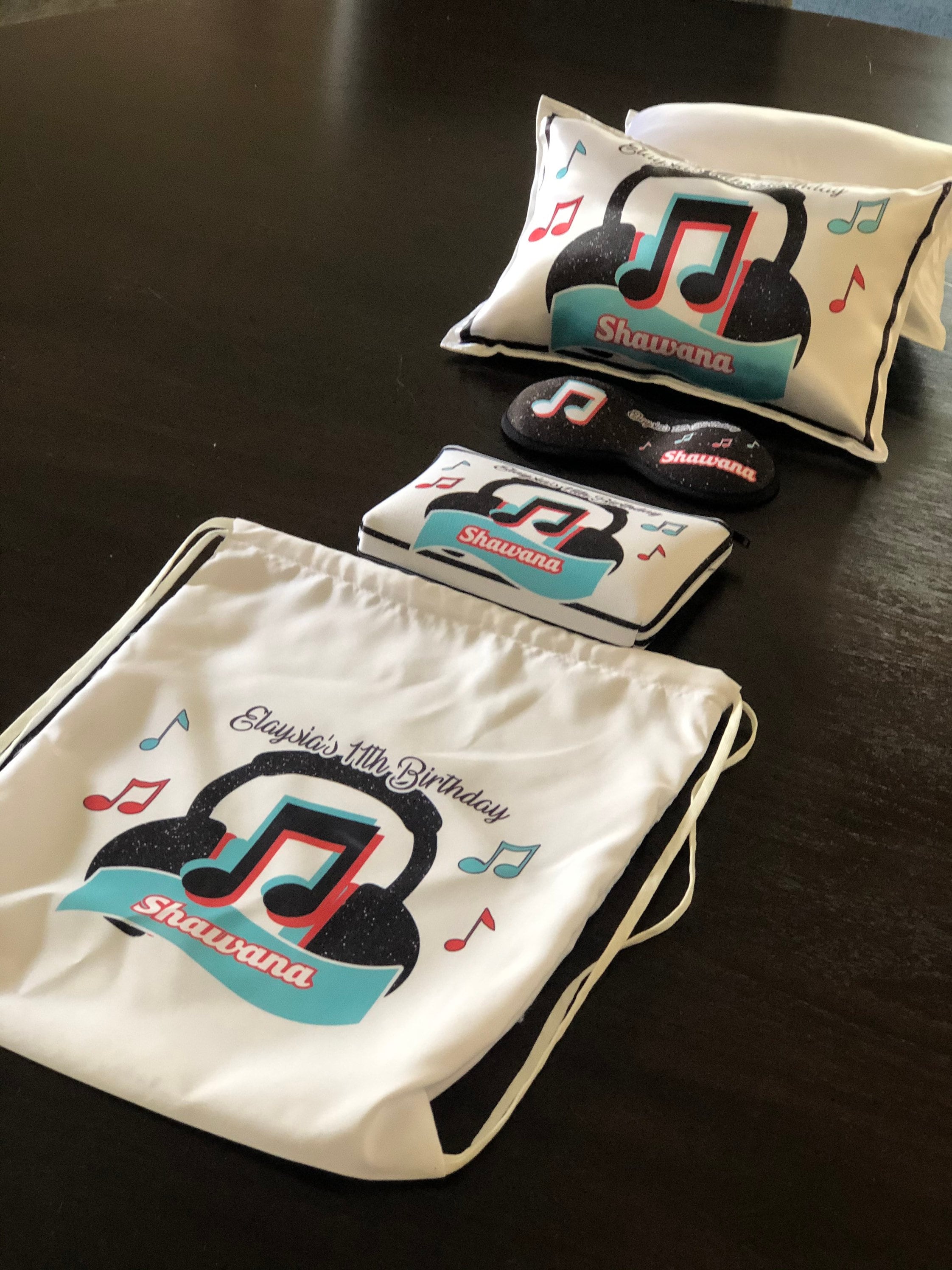 Personalized PJ Party, Sleeping Mask, Makeup Bag, Small Pillow, Drawstring Backpack, Inspired TikTok themed party, PJ party - Set of 1