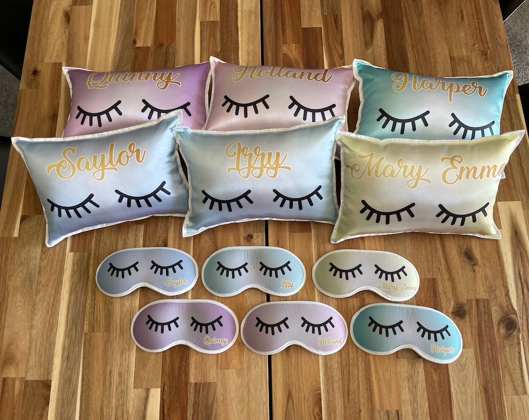 Personalized Pillow and Eye Mask, Eyelashes Sleepover Rainbow Party