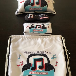 Personalized PJ Party, Sleeping Mask, Makeup Bag, Small Pillow, Drawstring Backpack, Inspired TikTok themed party, PJ party - Set of 1