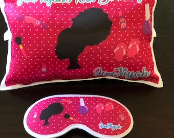 Personalized Pajama Party Kit, sleeping mask, small pillow, Inspired in Black Barbie personalized, slumber party, Black Barbie theme