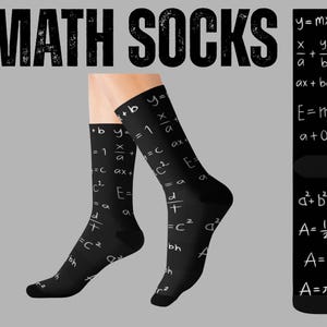 May include: Black socks featuring white mathematical equations and the text "MATH SOCKS". Equations include y=mx+b and a² + b² = c². A quirky and educational accessory for those who love maths.