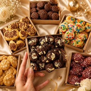 May include: An assortment of cookies in small cardboard boxes. The cookies vary in color and decoration, including chocolate sprinkles, colorful sprinkles, and star shapes. The boxes are arranged on a gold-colored fabric.
