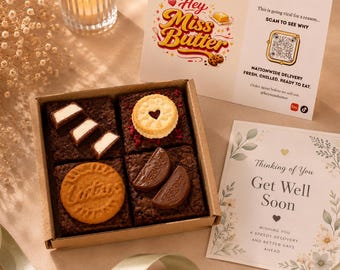 May include: A cardboard box containing four square chocolate brownies topped with various cookies and candies. One card features the text Hey Miss Butter with a QR code, and another card reads Thinking of You Get Well Soon with floral accents.