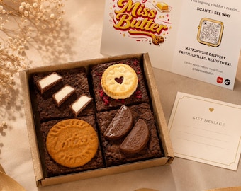 May include: A cardboard box containing four chocolate brownies topped with various cookies and chocolates. A white card features the text Hey Miss Butter, a QR code, and the phrase This is going viral for a reason. A small blank gift message card is included.