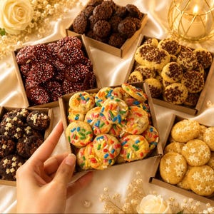 May include: An assortment of cookies in small cardboard boxes. The cookies are decorated with sprinkles, chocolate, and star-shaped icing. A hand holds a box of cookies with colorful sprinkles. The cookies are arranged on a white surface with floral accents.