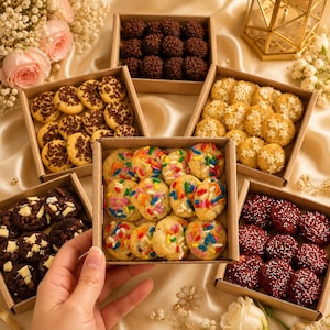 May include: A selection of cookies presented in small cardboard boxes. The cookies include chocolate chip, sprinkle, and star-shaped varieties. Some are topped with chocolate sprinkles, others with colourful sprinkles.