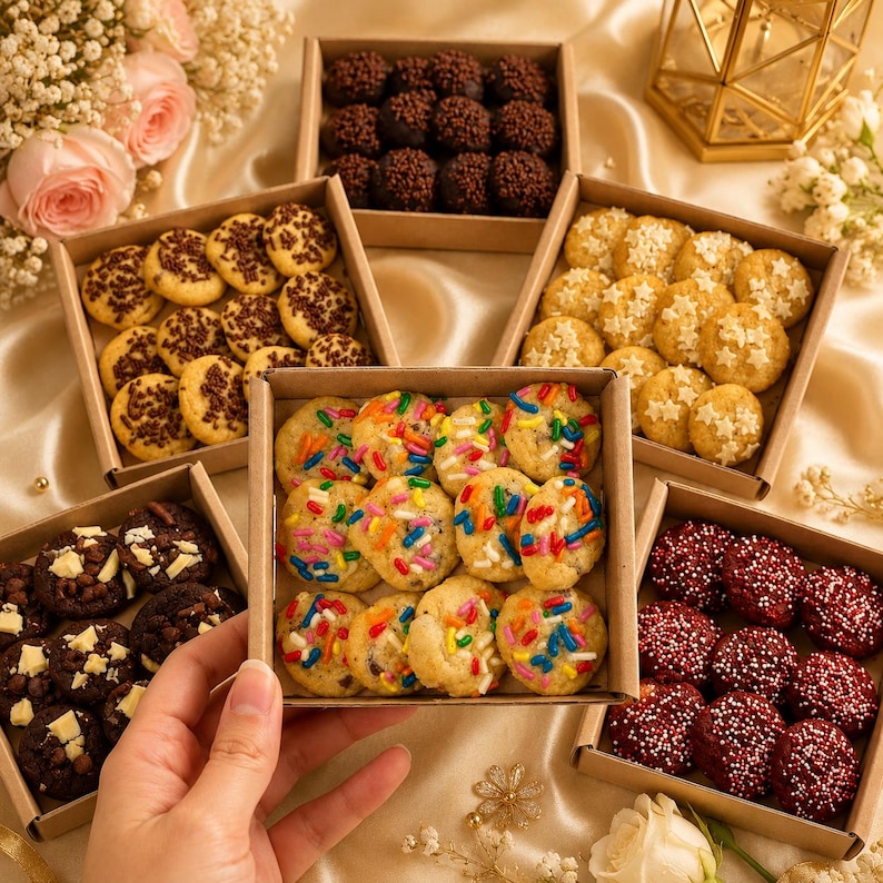May include: An assortment of cookies in small cardboard boxes. The cookies include chocolate chip, sprinkle, and star-shaped varieties. Some cookies are topped with chocolate sprinkles, while others have colorful sprinkles.
