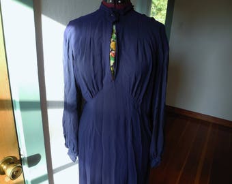 60s Navy Crepe Sheer Billow Sleeve Embroidered Handkerchief Detail Stewardess Dress