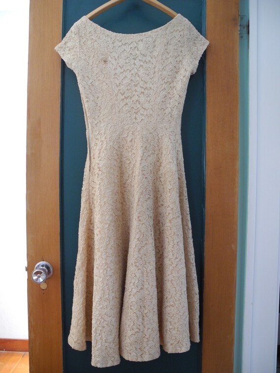white christmas dresses 1950s White V Neck Lace Long Sleeve Swing Dress, White / M