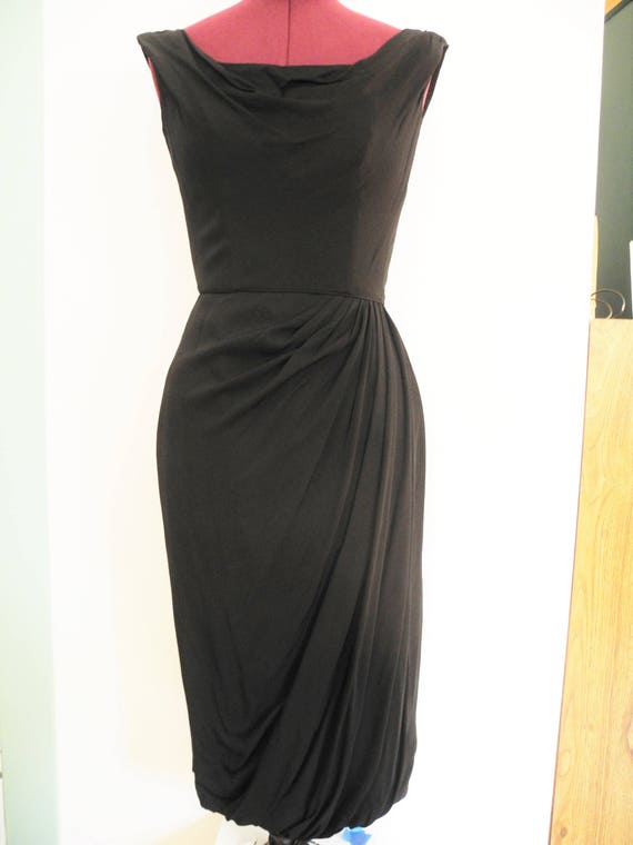 Ceil Chapman Gathered Black Silk Crepe Wiggle Cock