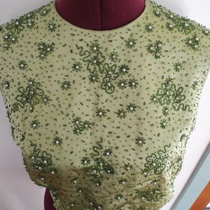 50s Sage Green Satin Beaded Bubble Top by DYNASTY Blouse