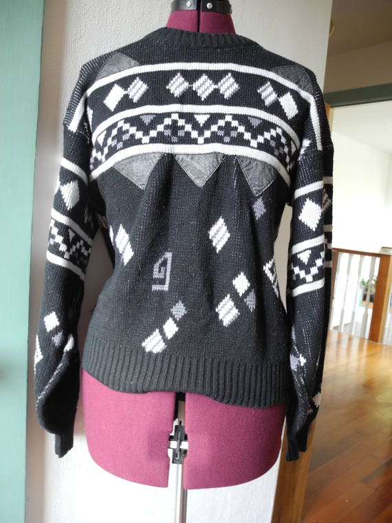 80s Geometric Grayscale Sweater with Leather Patch